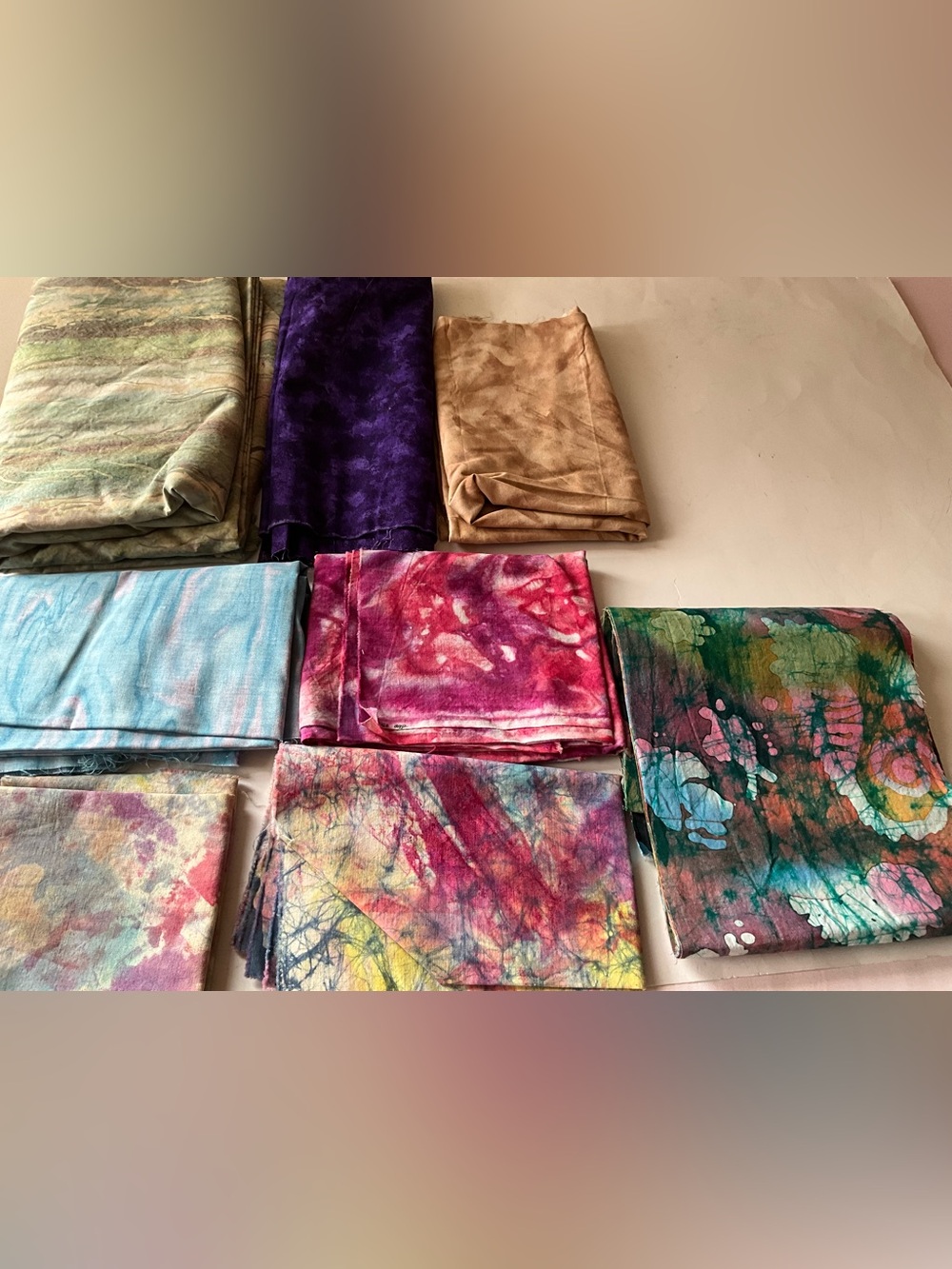 Quilting Sewing Fabric Lot Hand Tie-Dye/Marble Cotton Green Pink Brown Blue